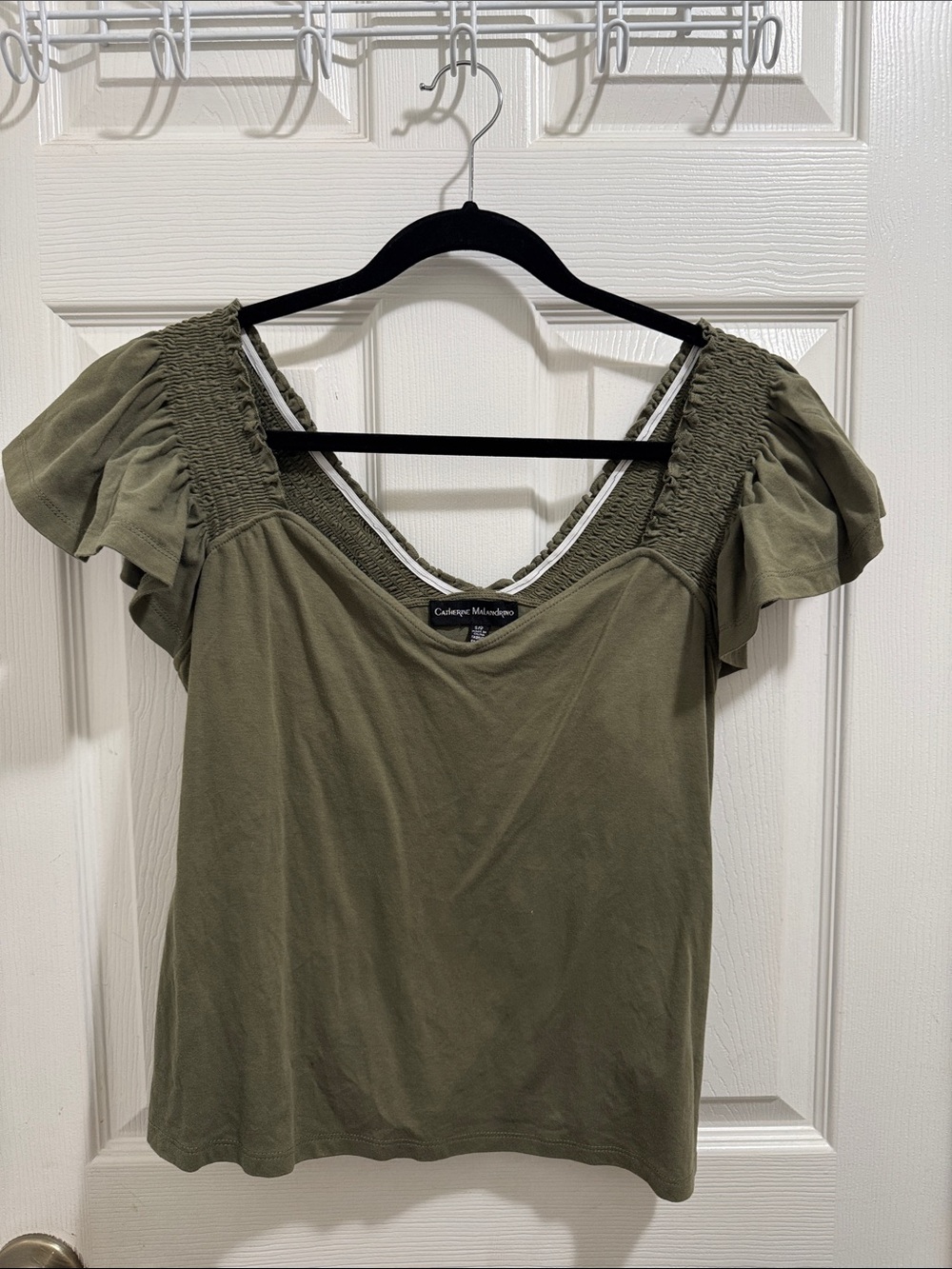 Catherine Malandrino Olive Green Smocked Flutter Sleeve Top
